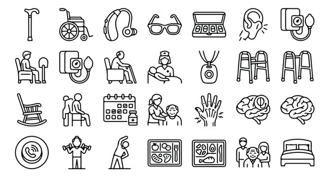 Elderly care and nursing home icons, 28 line vector set for senior health and geriatric assistance, medical equipment and rehabilitation symbols