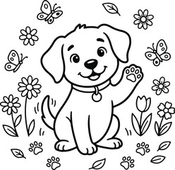 Fototapeta premium Cute Waving Puppy Coloring Page | Printable Dog Line Art for Kids