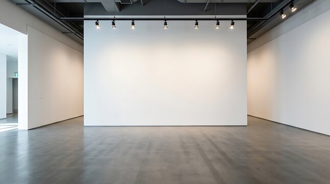 Empty modern gallery interior with white walls and polished concrete floor illuminated by track lighting for exhibition display space