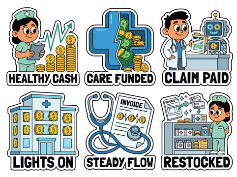 Healthcare Clinic Receivables Financing, SME Invoice Financing Flat Illustration Sticker Sheet for Medical Business