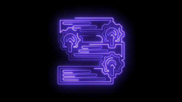Neon purple abstract gears and arrows in a digital process flow animation representing icon