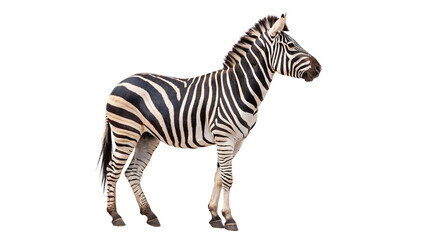 Adult African zebra standing alert in full body profile isolated on transparent background cut out © Hanna