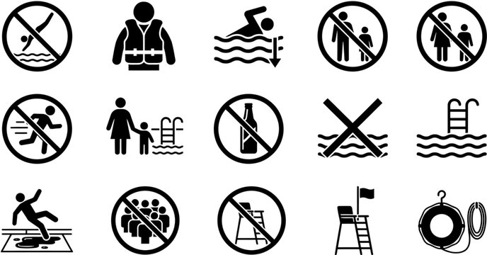 Vector pool safety icons and warning signs for swimming areas with lifeguard and no diving symbols in flat line art style.