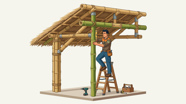 Man building sustainable bamboo hut shelter illustration