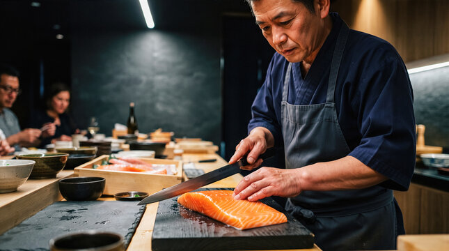 Professional Japanese master chef expertly slicing fresh raw salmon fish on wooden board wearing traditional dark uniform inside modern upscale sushi restaurant kitchen environment