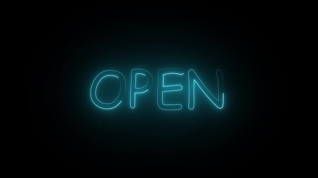 Abstract Neon OPEN Sign with Luminous  Light on Dark Background for Technology Interface, Video Intro and Digital Animation
