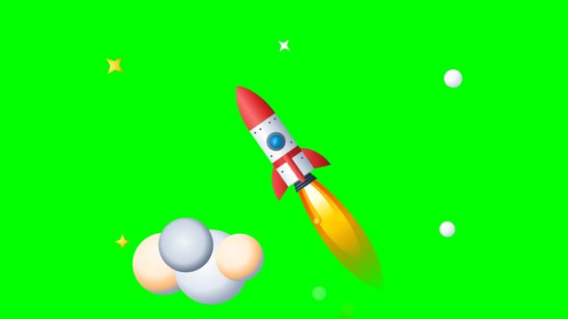 cartoon rocket ship, vibrant 3D animation, successful business startup launch, isolated on green screen chroma key background