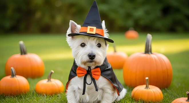 Adorable white dog in halloween costume with pumpkins