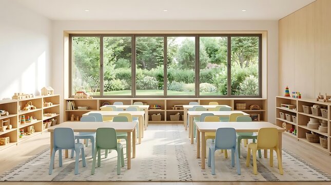 Bright classroom with wooden furniture and large window view