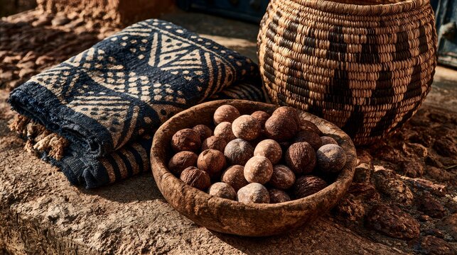 Mud cloth fabric with shea nuts and woven basket, West African craft and natural decor.