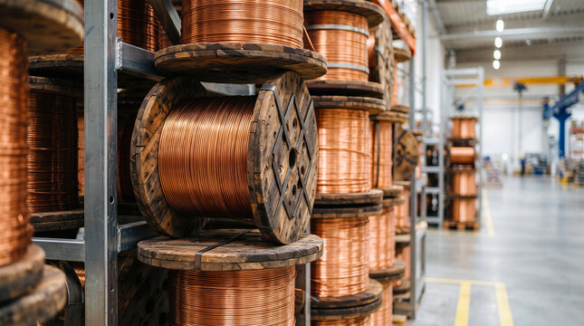 Heavy vintage wooden spools wrapped firmly with shiny bare copper wire neatly stored onto massive steel warehouse shelving units ready for industrial distribution
