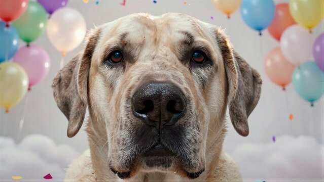 A happy dog surrounded by colorful balloons and fluffy clouds.