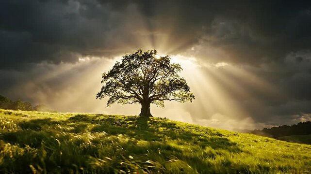 Solitary Oak in Sunlight A magnificent ancient oak tree stands defiantly on a grassy knoll its silhouette illuminated by dramatic sunbeams piercing through stormy dark clouds