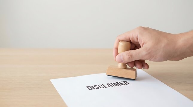 Hand using a wooden rubber stamp to mark a white paper document with the word disclaimer printed on it for legal compliance and official verification