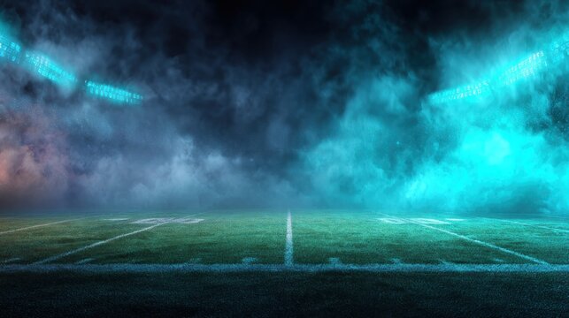 American football field at night with dramatic lighting and smoke