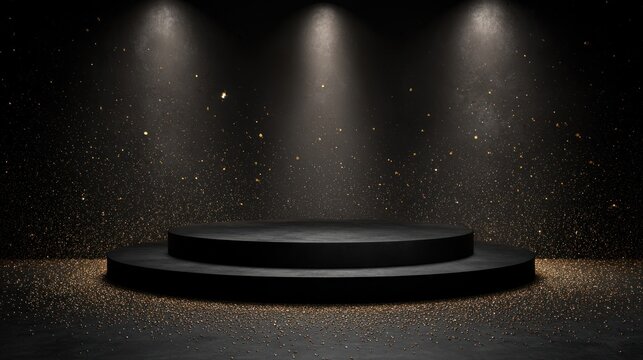 Black podium with spotlight and glitter