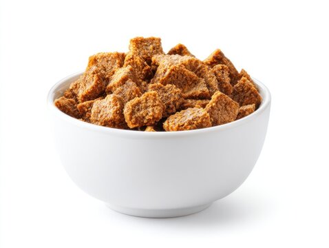 Bowl of crispy cereal on white background
