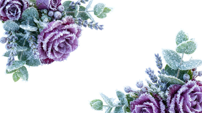 Frosty purple rose corner arrangement on white background with decoration