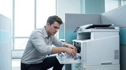 Obraz premium Stressed angry corporate office worker trying to fix broken malfunctioning printer machine pulling jammed crumpled paper while sitting in modern business workspace