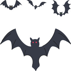 Fototapeta premium Cartoon bats with glowing red and yellow eyes soaring on a white background, spooky halloween illustration evoking eerie, playful autumn celebrations and nocturnal mystery