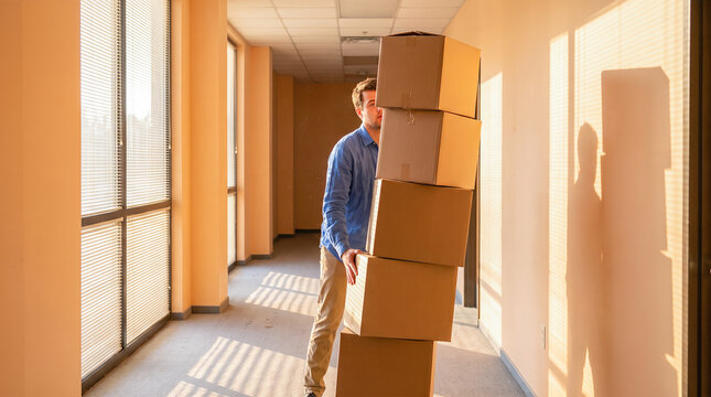 Stressed male employee struggling to carry heavy unstable stack of brown cardboard boxes walking down sunny office hallway corporate relocation moving concept