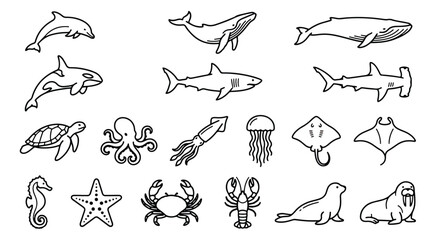 Minimalist sea life icon set, 18 marine animal line art vectors, black and white ocean creatures © usmi