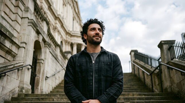 Man standing on stone staircase in front of large building