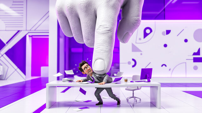 Stressed overworked male corporate business employee being crushed against white office desk by giant heavy hand representing extreme toxic management pressure