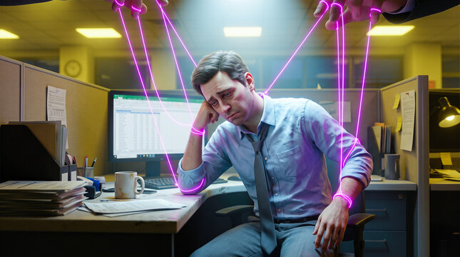 Sad tired exhausted male corporate business employee sitting at office desk controlled by glowing purple puppet strings representing toxic manipulative management