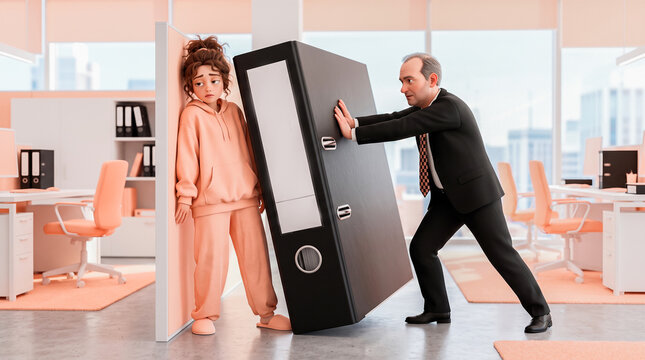 Male manager aggressively pushing giant heavy black binder against stressed female employee squished against office partition wall showing extreme toxic workplace pressure concept