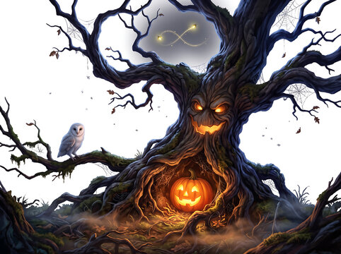 Ancient hollow tree with glowing carved face and fireflies swirling around isolated on pure white background Halloween illustration