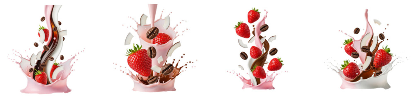 Strawberry coconut and coffee bean splashes with milk and chocolate
