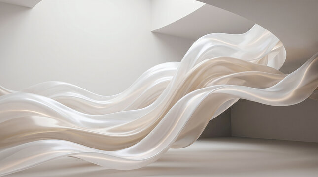 Abstract elegant flowing cream silk fabric going through modern geometric architecture soft liquid wavy cloth smooth satin texture bright futuristic luxury room background