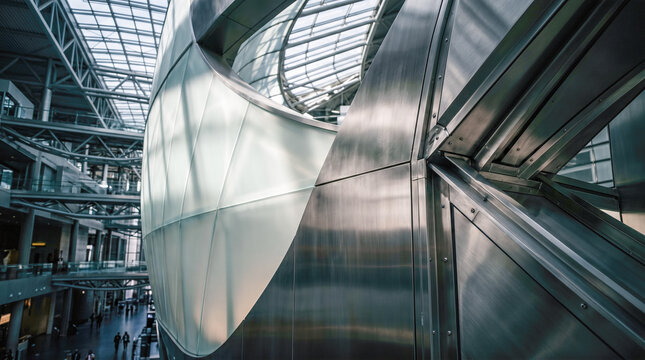 Futuristic modern metal architecture highlighting complex geometric curves brushed steel exterior frosted glass panels immense contemporary corporate building interior bright spacious hall