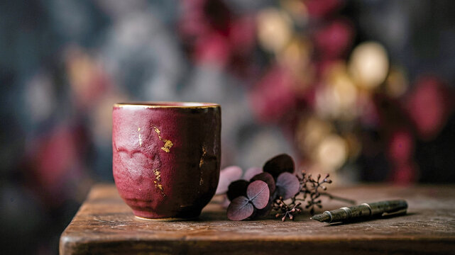 handmade red ceramic teacup with gold kintsugi cracks resting next to vintage fountain pen and dry dark leaves on wooden table 3d rendering