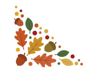 Autumn leaves and acorns corner border design with fall colors for seasonal decoration © azad