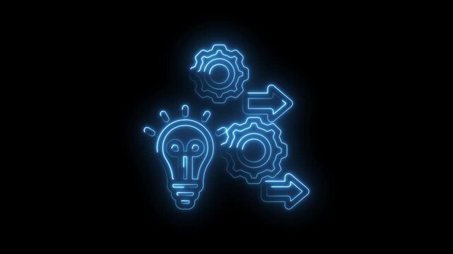 Neon light bulb and gears with arrows animation representing idea generation process icon