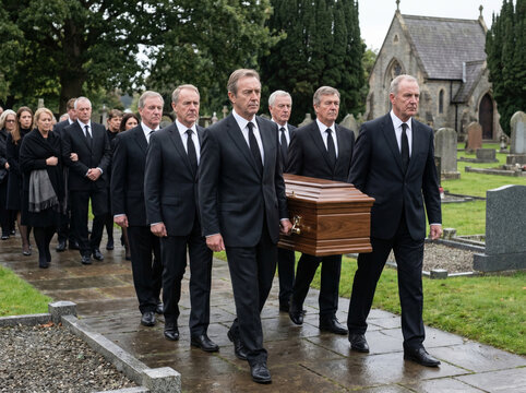 Group of pallbearers solemnly walking with casket at cemetery  