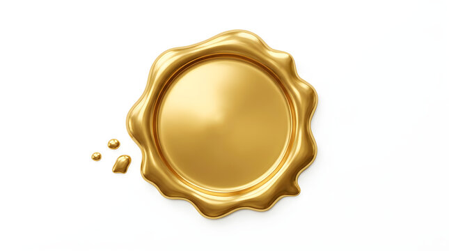 Golden wax seal stamp with melted drops isolated on white background
