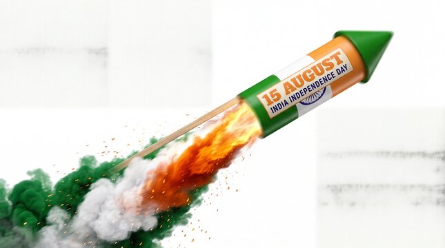 India Independence Day firework rocket with 15 August text, tricolor smoke trail in saffron white and green, national celebration concept on white background