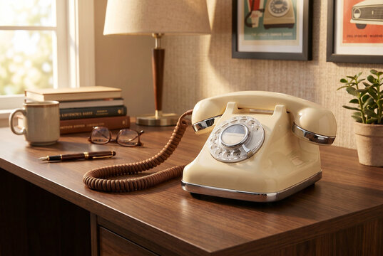 Vintage rotary telephone with cord on wooden desk in cozy home office  