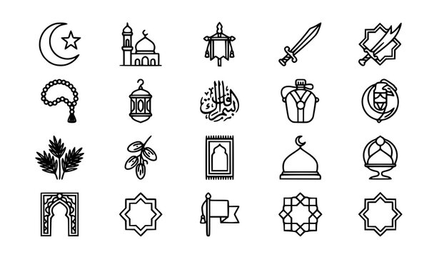 Black Thin Line Muharram Icon Set with Islamic Symbols Crescent Mosque Alam Lantern Prayer and Religious Elements