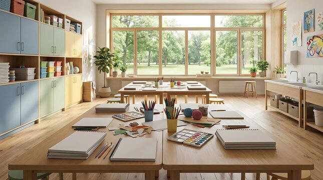 Creative art classroom with natural light and outdoor view
