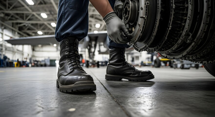 Detail Of A Mechanic Working On Engine Assembly In An Aviation Workshop With Heavy Equipment In A Military Environment