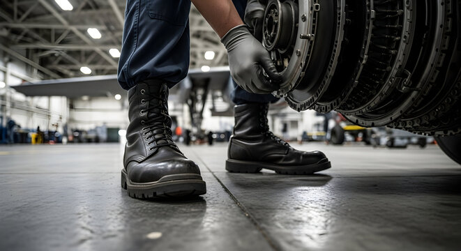 Detail Of A Mechanic Working On Engine Assembly In An Aviation Workshop With Heavy Equipment In A Military Environment
