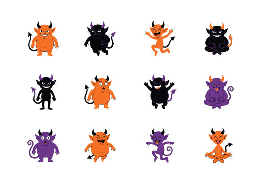 Twelve cute cartoon devil character in orange and purple, showing various expressions and poses, isolated on a white background, for holiday