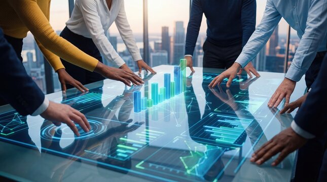 Diverse business team analyzing financial growth charts and data statistics on interactive digital table in modern office, representing teamwork, strategic planning