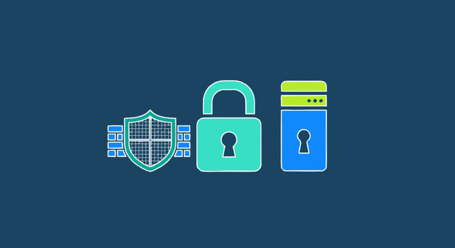 Cybersecurity and data protection icons representing firewall shield padlock and secure server database storage.