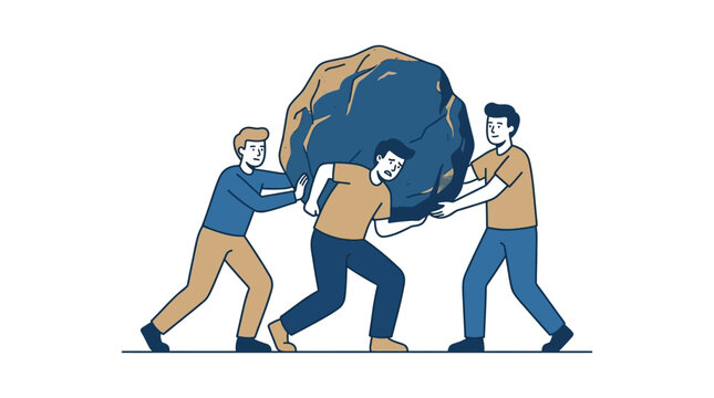 Three men pushing a large boulder.