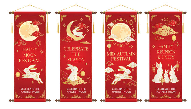 Mid Autumn Festival Set elegant banner gold rabbits, full moon, lanterns and traditional Asian ornaments red background Chinese festival celebration design with harvest moon theme.
